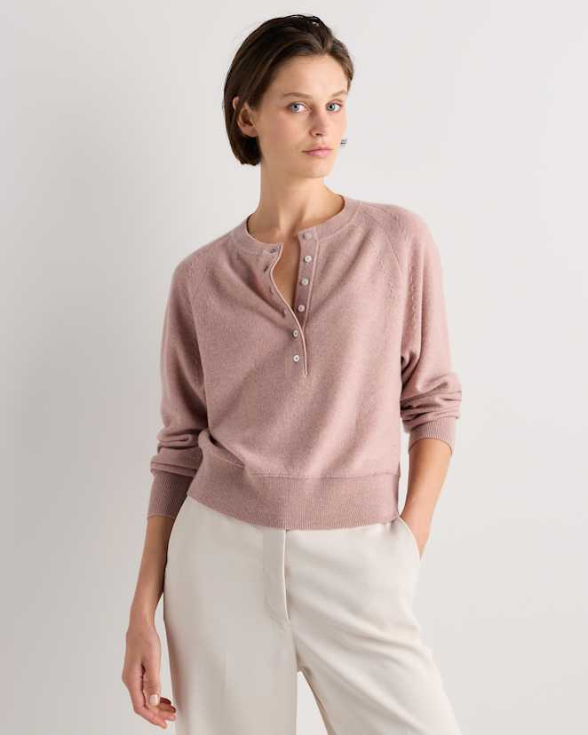 Heather Vintage Pink Mongolian Cashmere Dolman Sleeve Henley Sweater