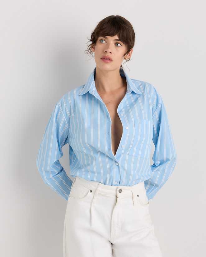 Delta Blue Double Stripe 100% Organic Cotton Poplin Long Sleeve Boyfriend Shirt