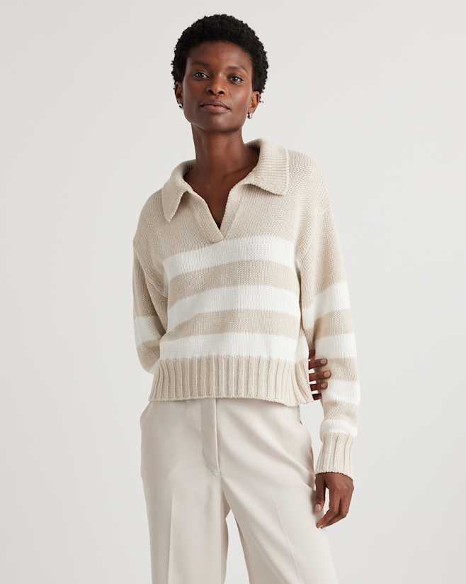 Speckled Beige/Ivory Stripe 100% Organic Cropped Cotton Polo Sweater