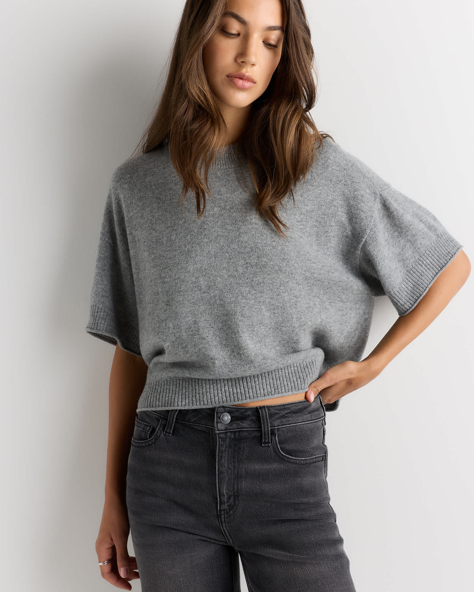 Heather Grey Mongolian Cashmere Cropped Oversized Tee