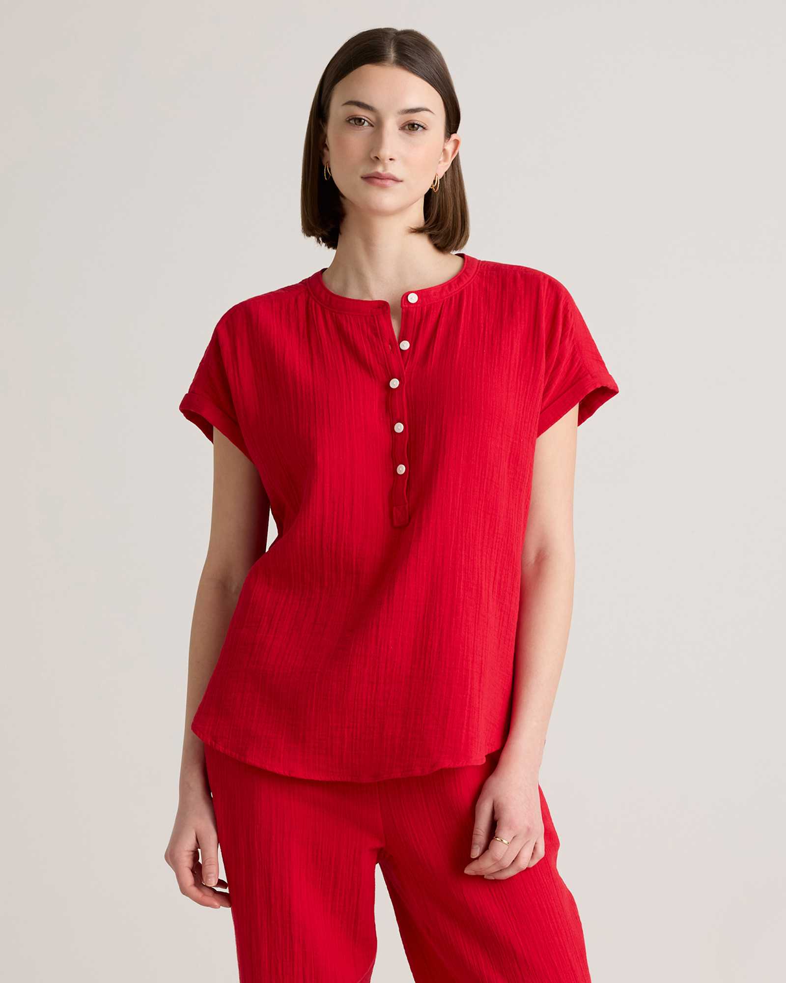 wild-cherry 100% Organic Cotton Gauze Roll Sleeve Shirt