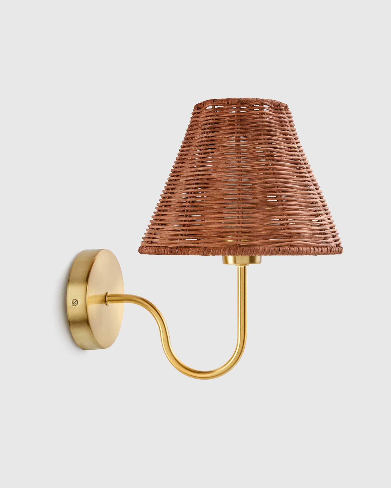 Medium Brown Curved Iron Sconce with Rattan Shade