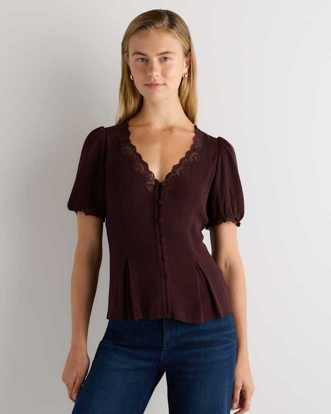 Chocolate Plum Brown Lightweight Crepe Lace Puff Sleeve Blouse