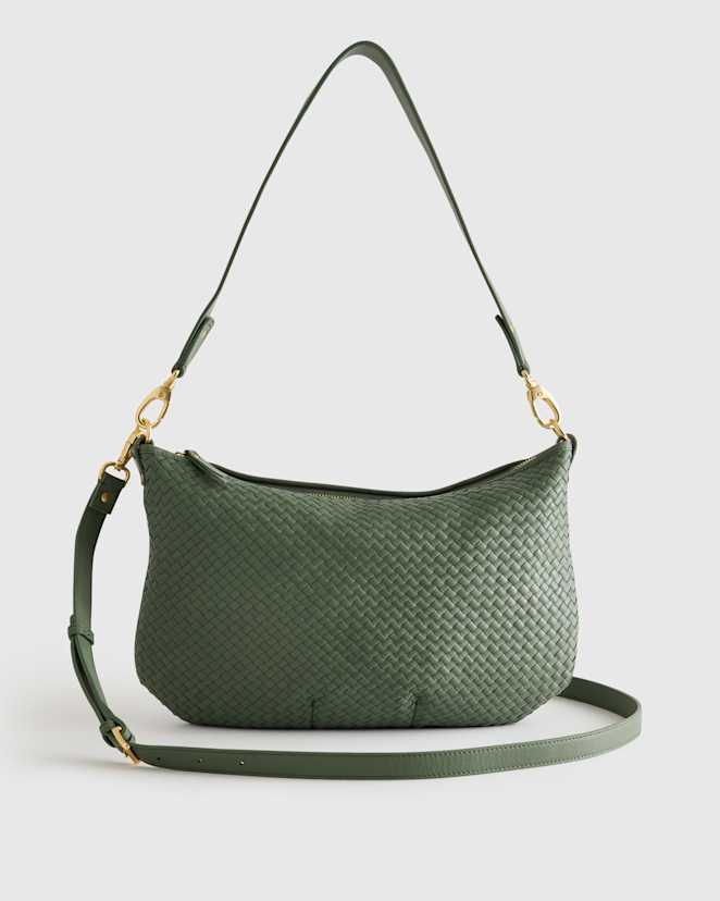 Sage Italian Leather Convertible Crescent Handwoven Shoulder Bag