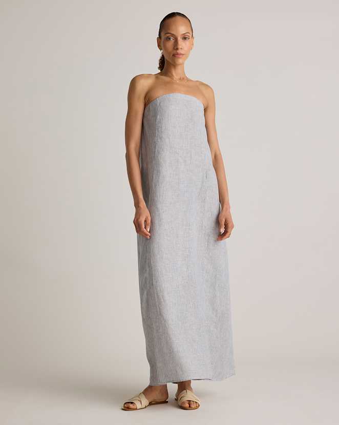 Blue Pinstripe 100% European Linen Strapless Maxi Dress