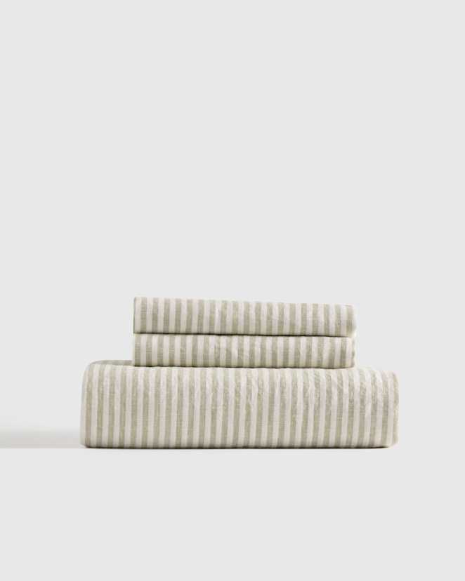 Willowleaf/White Stripe European Linen Fitted Sheet Set
