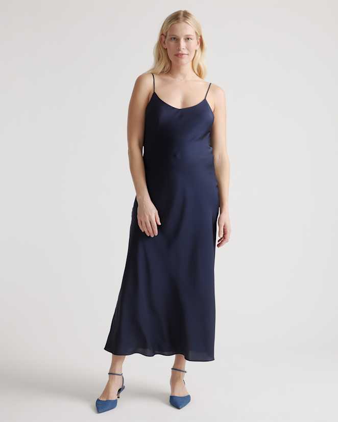 Navy Washable Stretch Silk Maternity Slip Dress