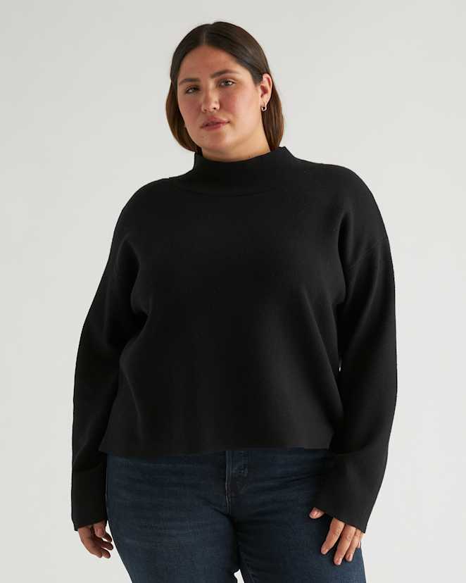 Black Eco-Knit Milano Stitch Mock Neck Pullover