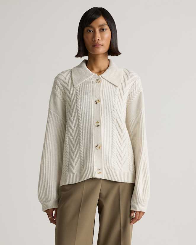 Heather Bone Australian Merino Wool Collared Cable Cardigan