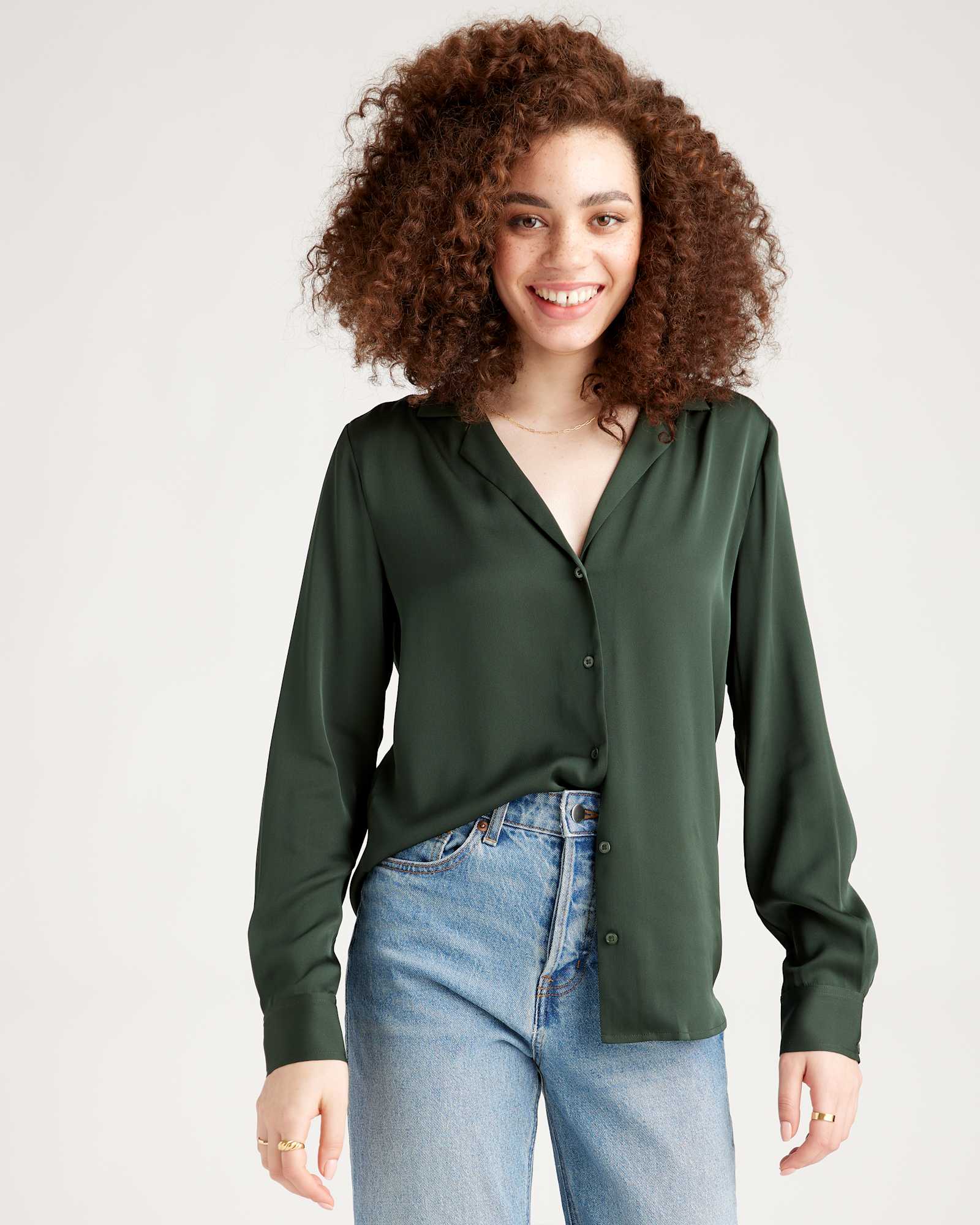 forest-green Washable Stretch Silk Notch Collar Blouse