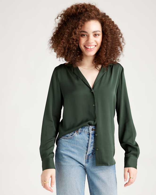 Forest Green Washable Stretch Silk Notch Collar Blouse