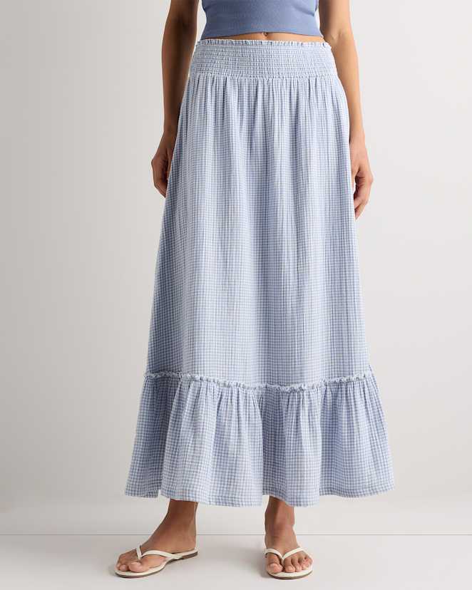Blue Gingham 100% Organic Cotton Gauze Smocked Maxi Skirt