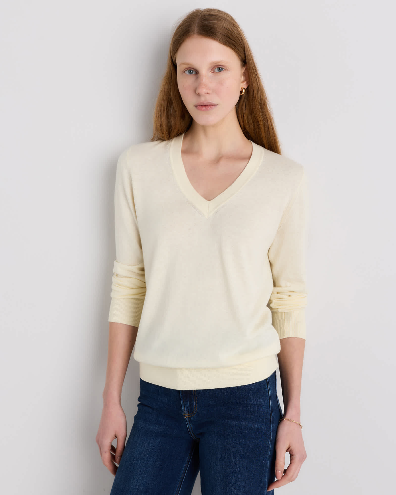 pale-custard-yellow Lightweight Cotton Cashmere V-Neck Sweater