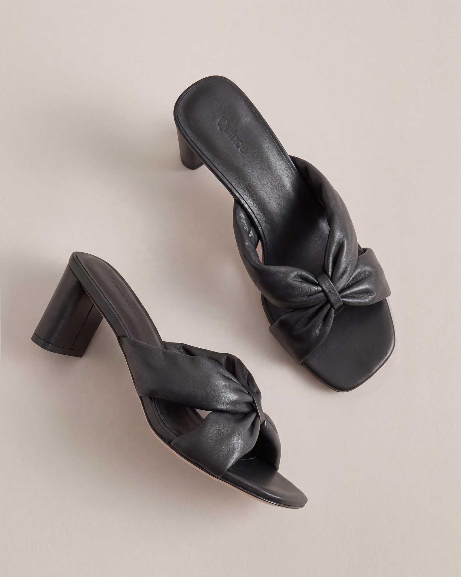 Black Italian Leather Twist Mid Heel Mule