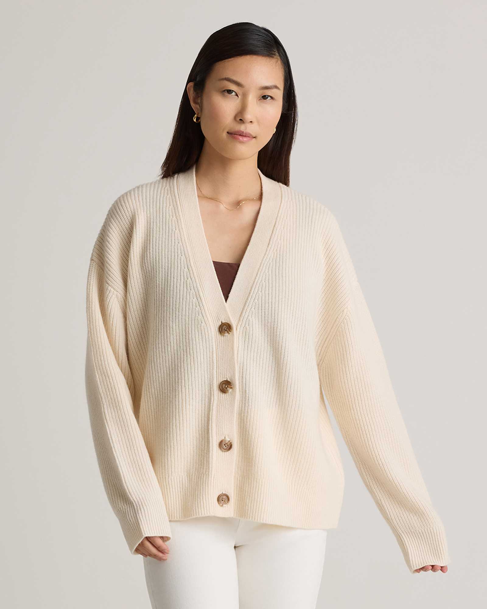 ivory Mongolian Cashmere Fisherman Boxy Cropped Cardigan Sweater