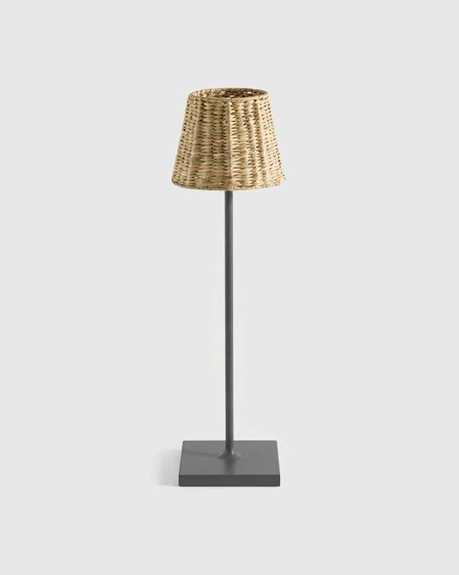 Dark Grey Poldina Pro Rechargeable Table Lamp with Seagrass Shade by Zafferano