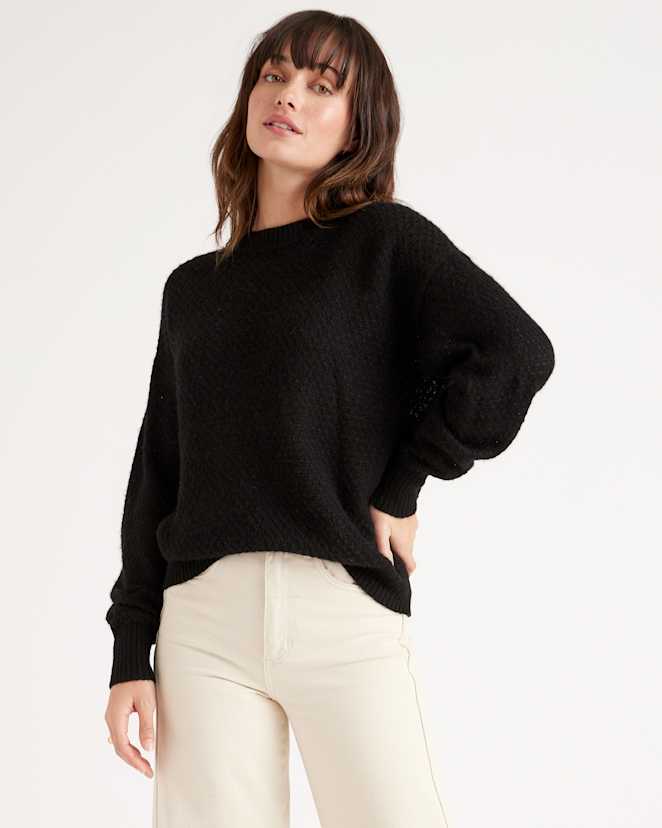 Black Baby Alpaca-Wool Diamond Stitch Crew