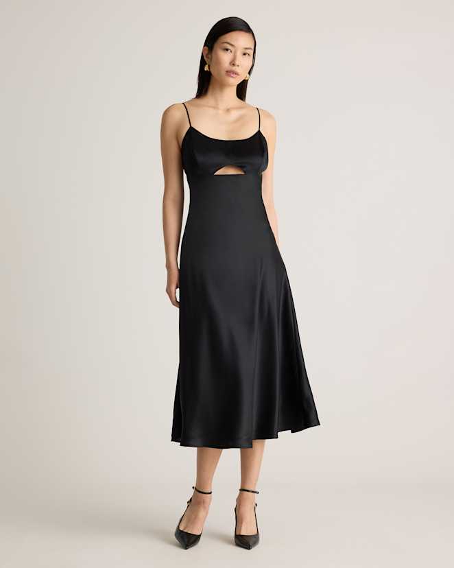 Black 100% Washable Silk Cutout Midi Slip Dress