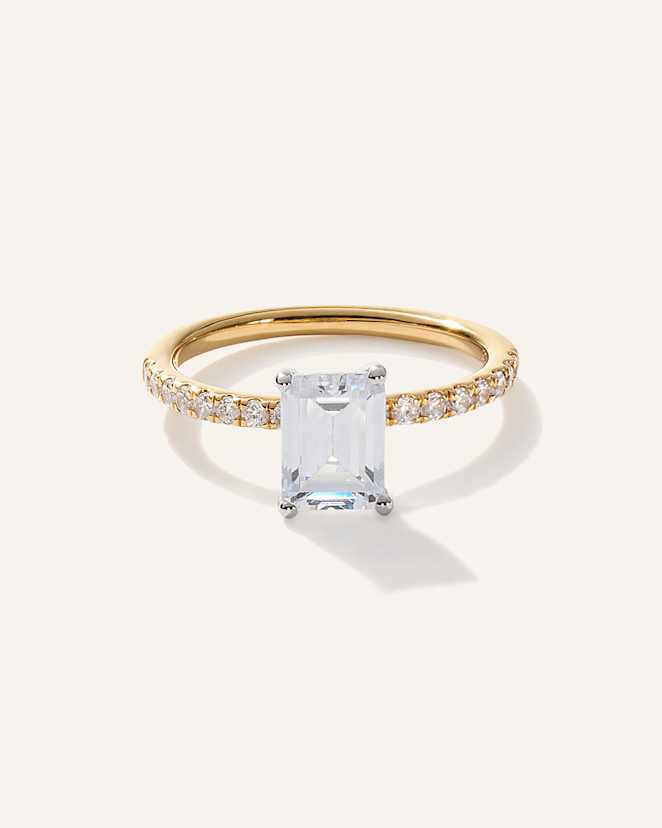 Yellow Gold Lab Grown Diamond Emerald Petite Pave Engagement Ring - 2ct