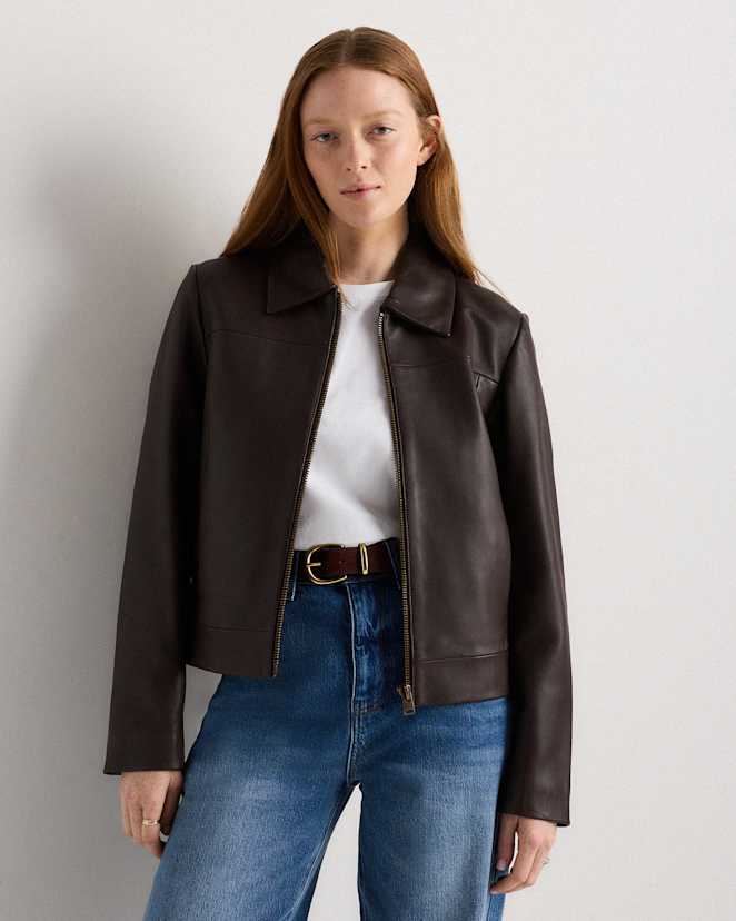 Rich Brown 100% Leather Cropped Zip-Front Jacket