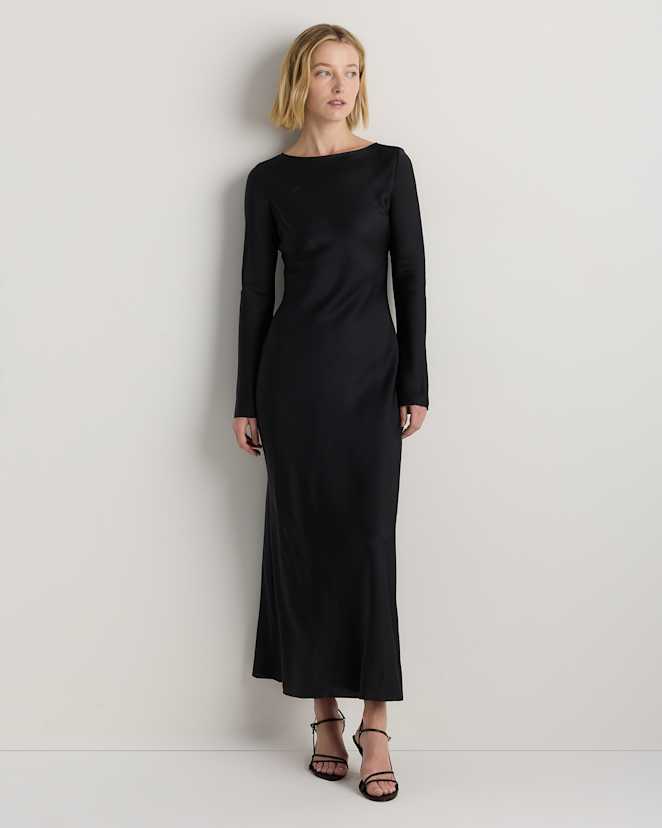True Black Washable Stretch Silk Long Sleeve Maxi Dress