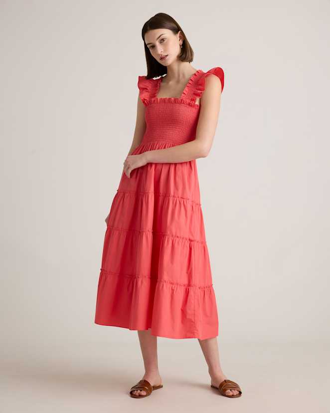 Spiced Coral 100% Organic Cotton Poplin Smocked Midi Dress