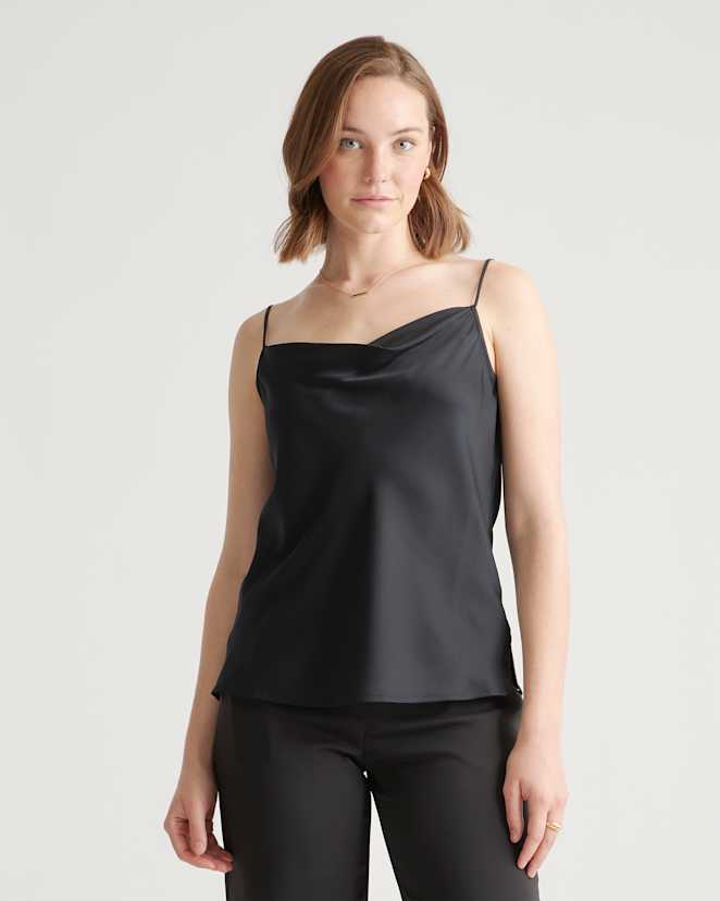 Black Washable Stretch Silk Cowl Neck Cami