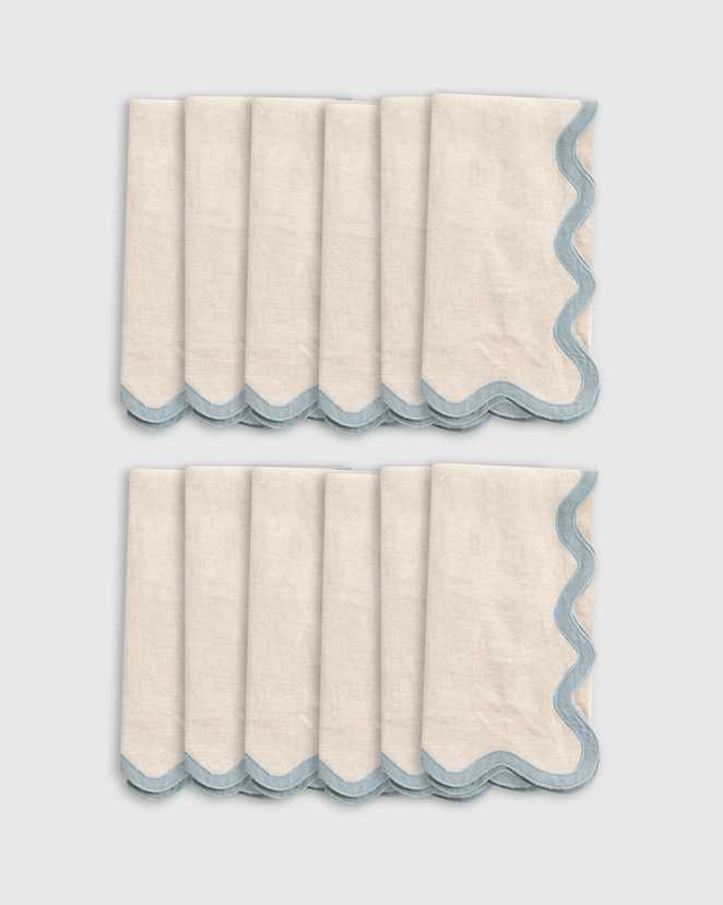 Flax/Dusty Blue European Linen Scallop Edge Napkins (Set of 12)