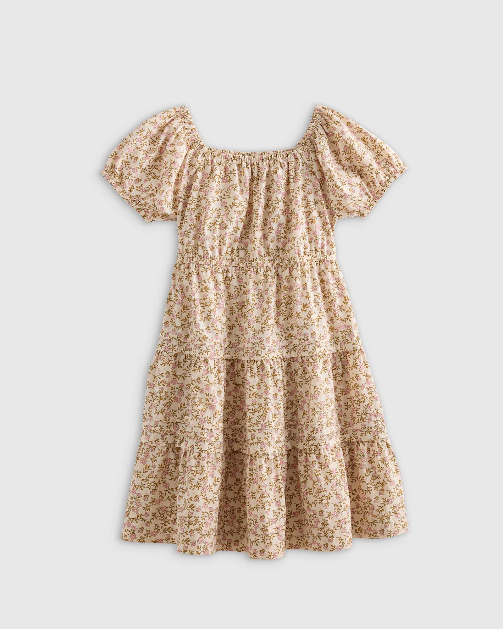 U--256 PEACH FLORAL RETOUCHED KID peach-floral 100% Organic Cotton Poplin Tiered Dress