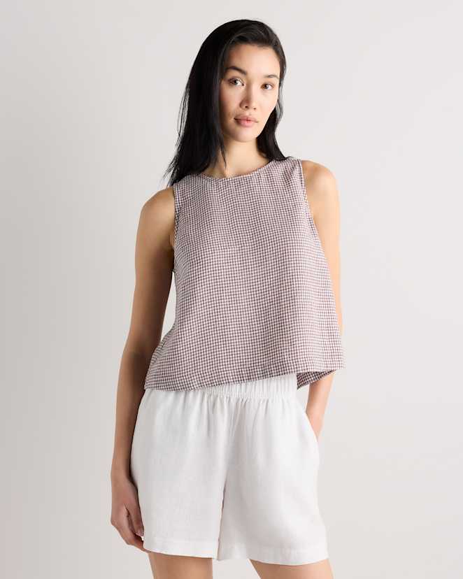 Taupe Brown Gingham Débardeur écourté 100 % lin européen