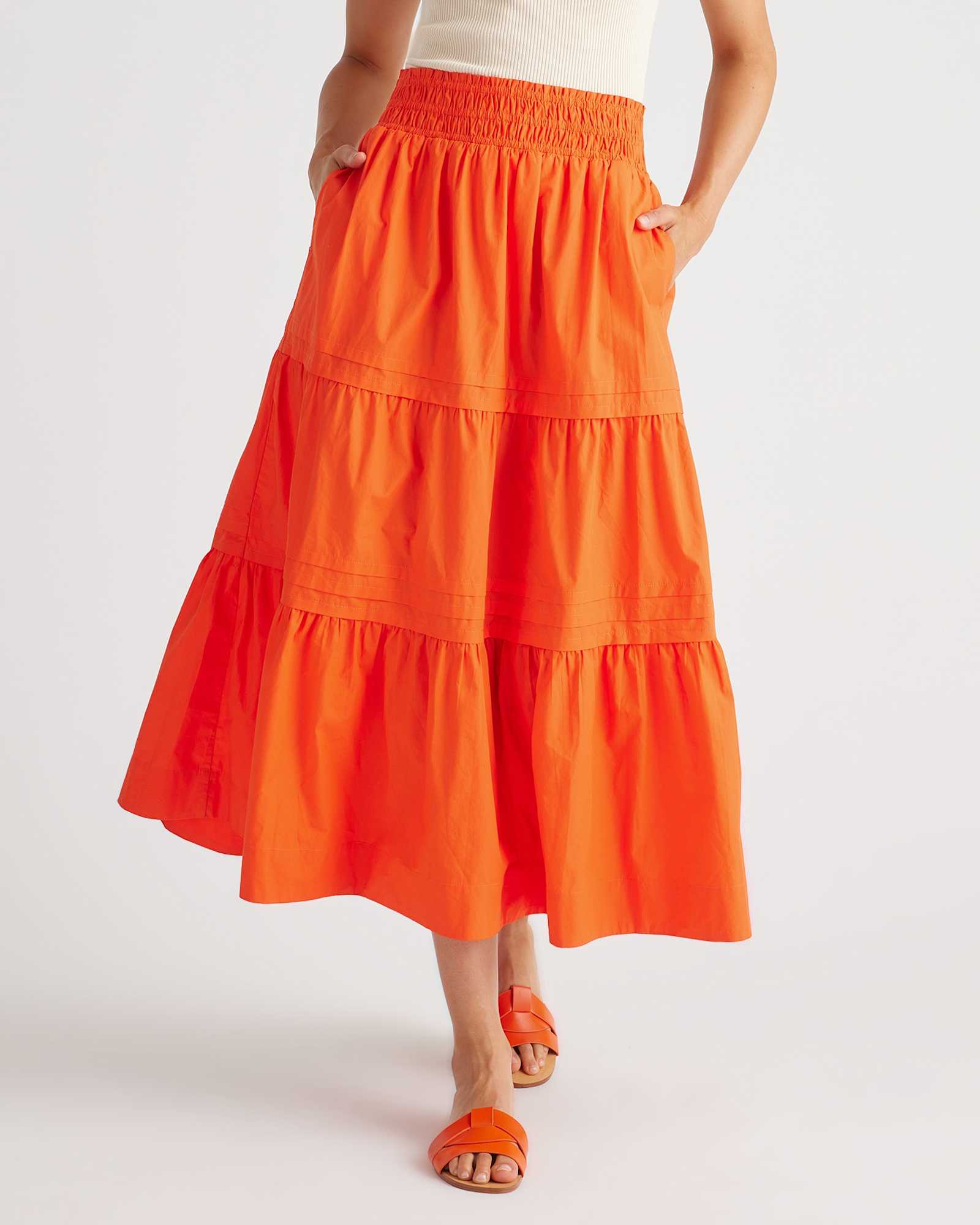 vermilion-red 100% Organic Cotton Poplin Tiered Maxi Skirt