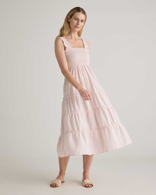 Pale Pink 100% European Linen Smocked Midi Dress