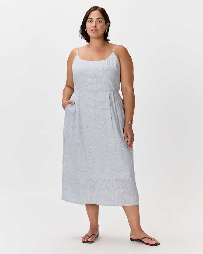 Blue Pinstripe 100% European Linen Scoop Neck Midi Dress