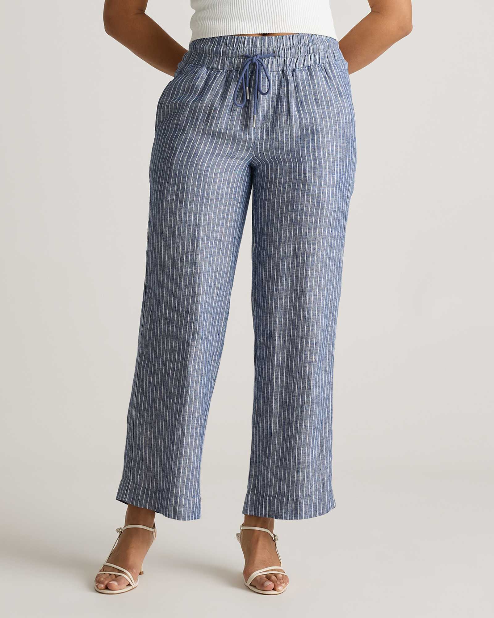 chambray-stripe 100% European Linen Wide Leg Pants