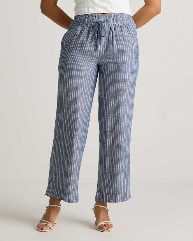 Chambray Stripe 100% European Linen Wide Leg Pants