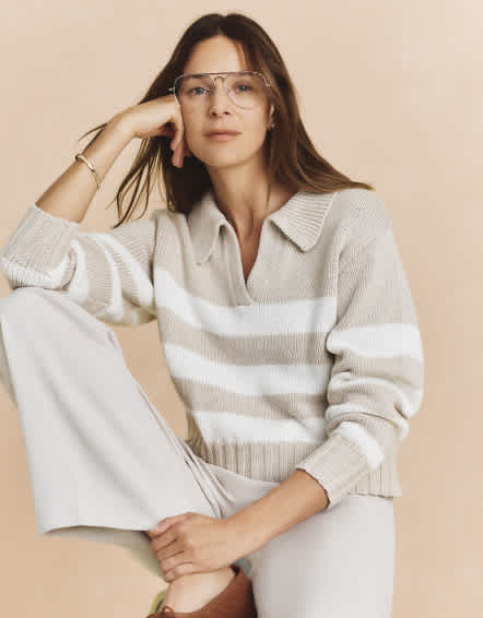 Speckled Beige/Ivory Stripe 100% Organic Cropped Cotton Polo Sweater