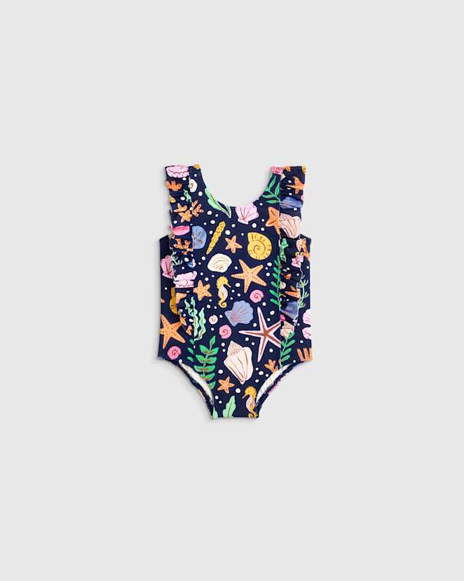 Navy Seashells Ruffle One Piece Swimsuit