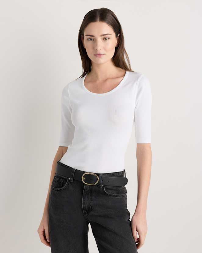 Soft White Organic Cotton Micro-Rib Elbow Sleeve Tee