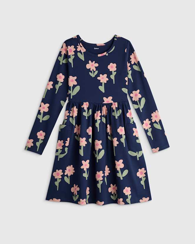 Navy Daisies Organic Cotton Long Sleeve Fit and Flare Pocket Dress