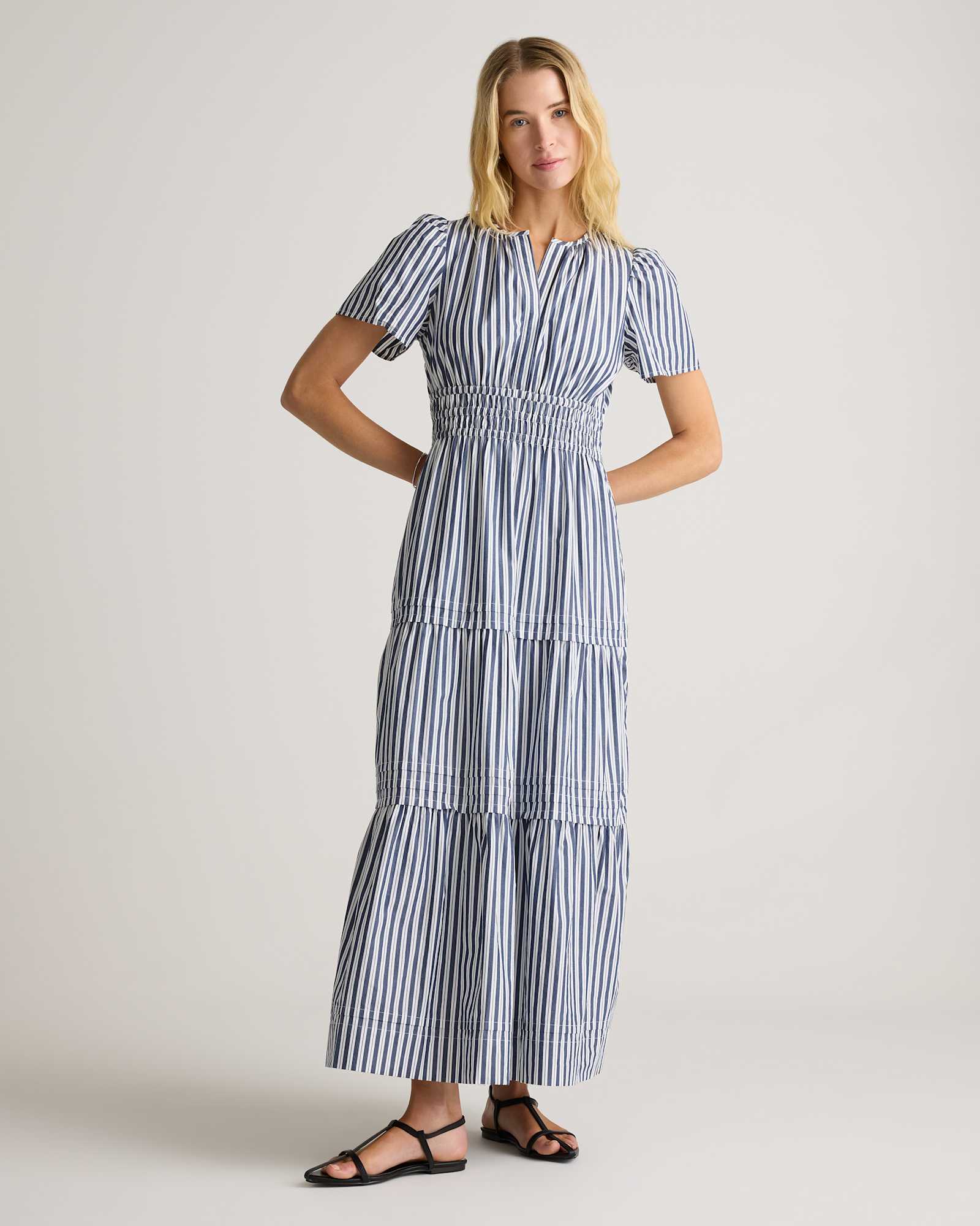 hudson-stripe 100% Organic Cotton Poplin Tiered Maxi Dress