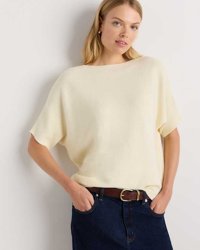 Pale Custard Yellow Lightweight Cotton Cashmere Link-Stitch Dolman Sweater