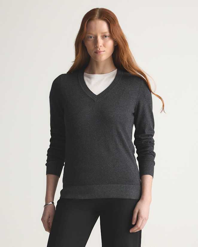Heather Charcoal Lightweight Cotton Cashmere V-Neck Sweater