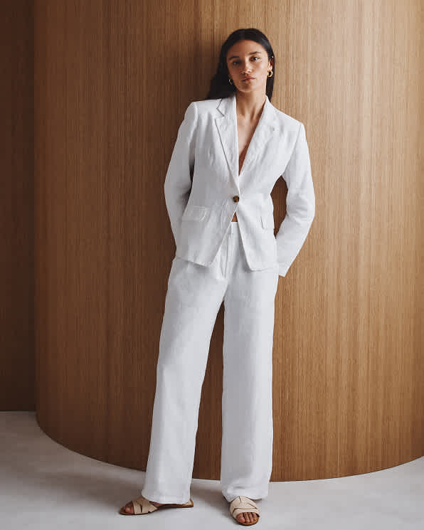 White 100% European Linen Pleated Trouser