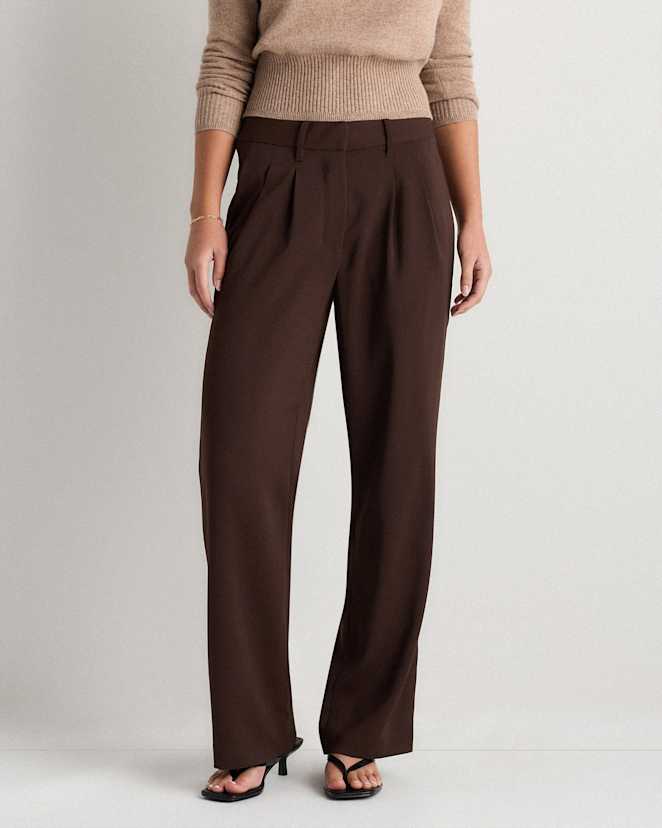 Coffee Bean Brown Stretch Crepe Pleated Wide Leg Pants