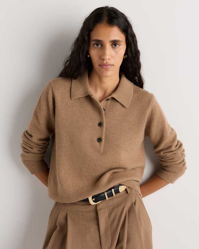 Teak Mongolian Cashmere Button Polo Sweater