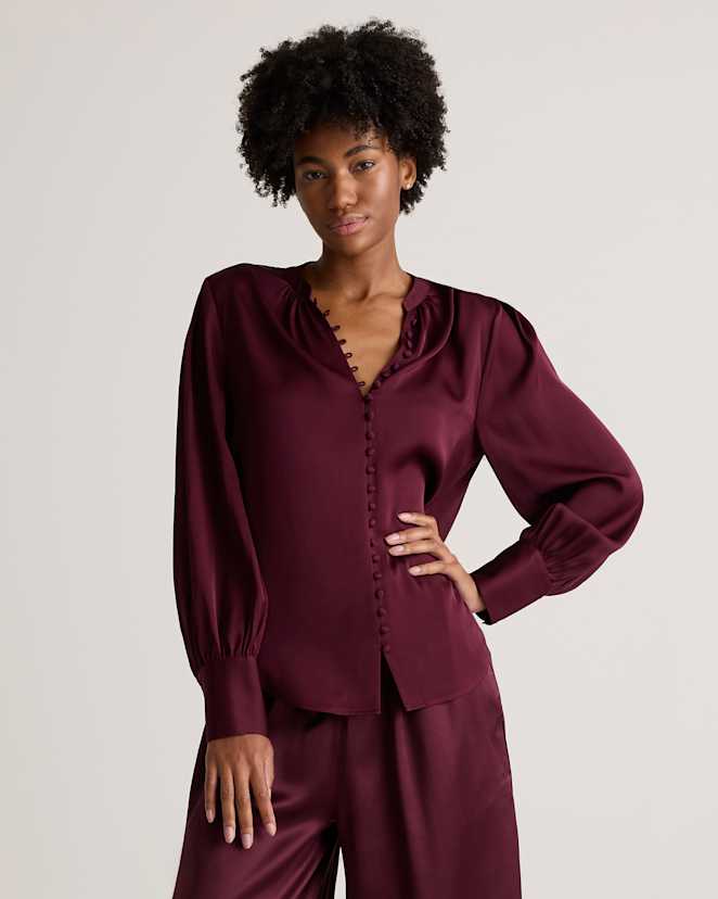 Wine Tasting Red Washable Stretch Silk Peasant Blouse