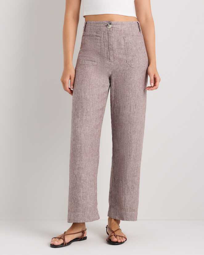 Taupe Brown Chambray 100% European Linen Patch Pocket Wide Leg Pants
