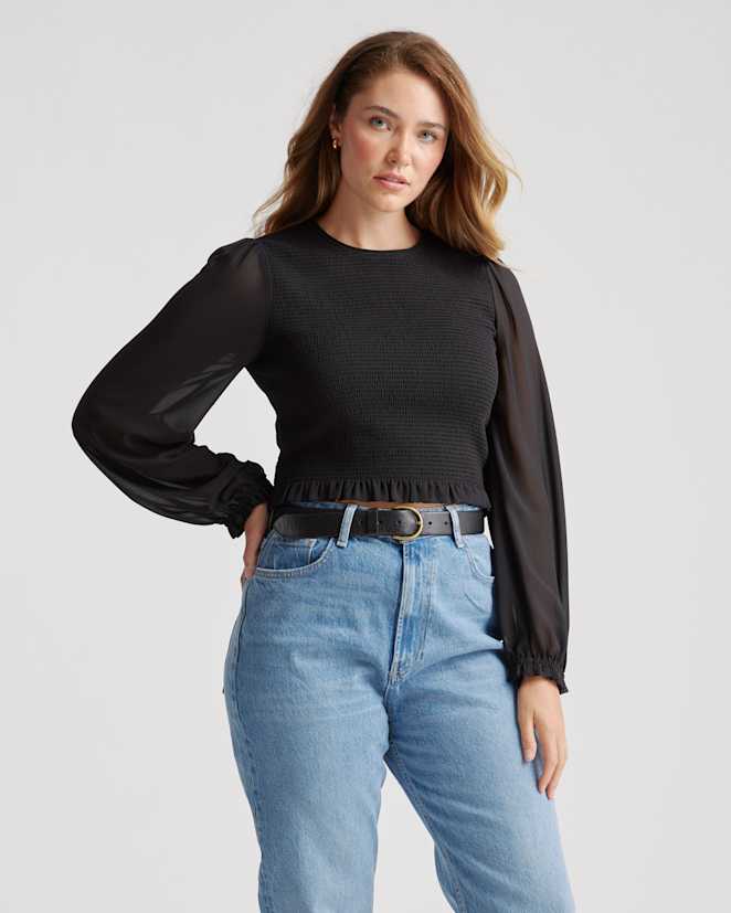 Black Chiffon Cropped Smocked Blouse