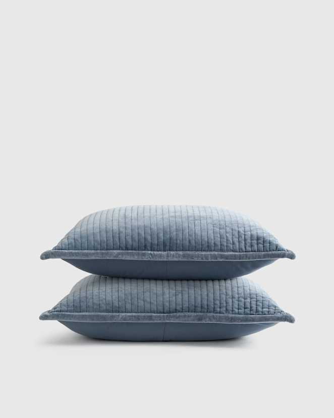 Glacier Blue Cotton Velvet Channel Quilted Sham Set