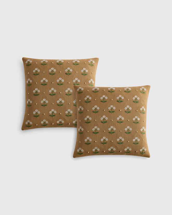 Tan Embroidered Botanical Cotton Pillow Cover (Set of 2)